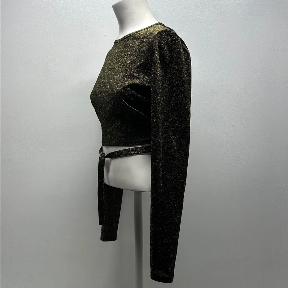 Reformation Jupiter Metallic Crop Top Long Sleeve Tie Blouse Black Gold Large